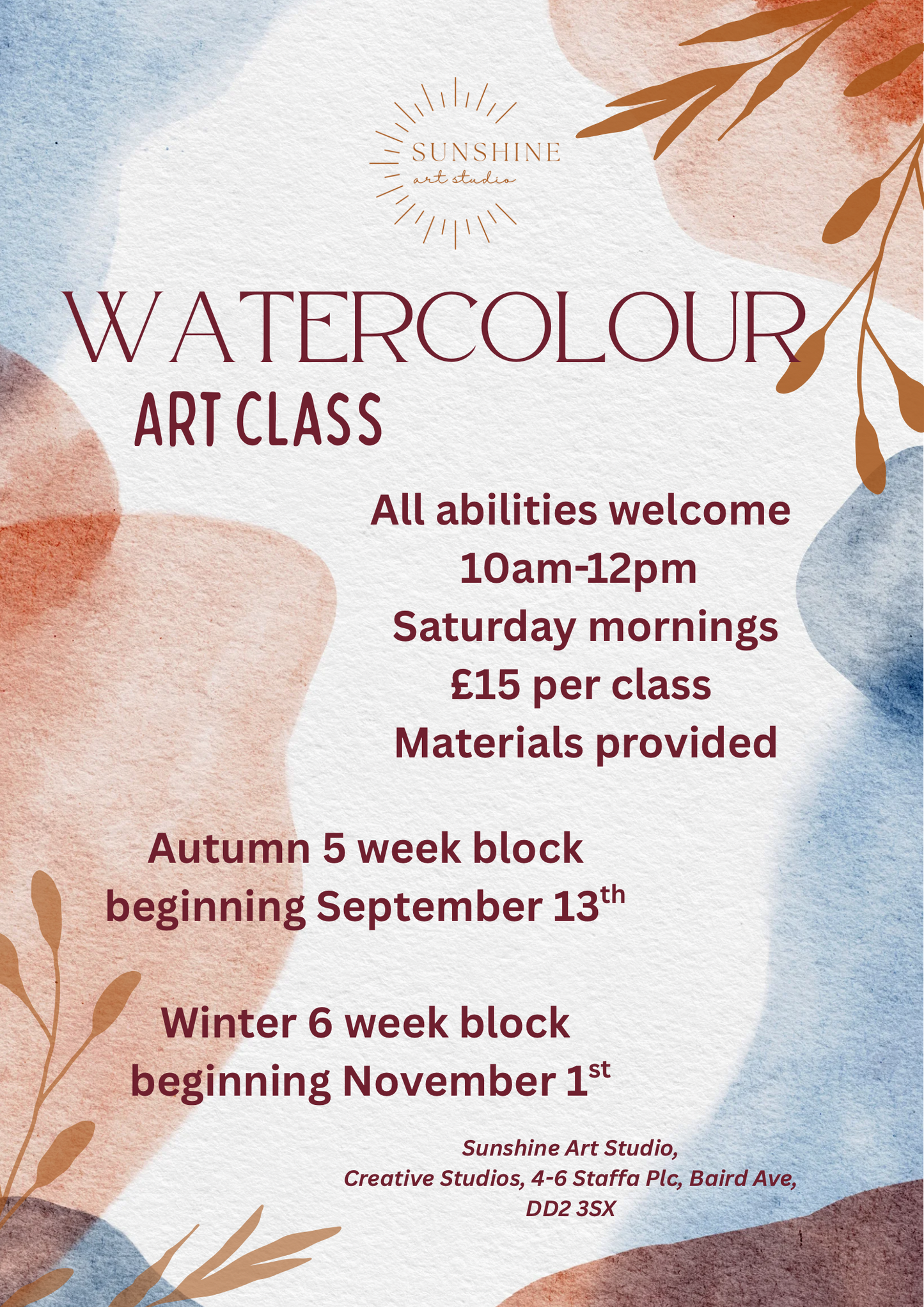 Watercolour Weekly Class - Saturday Mornings