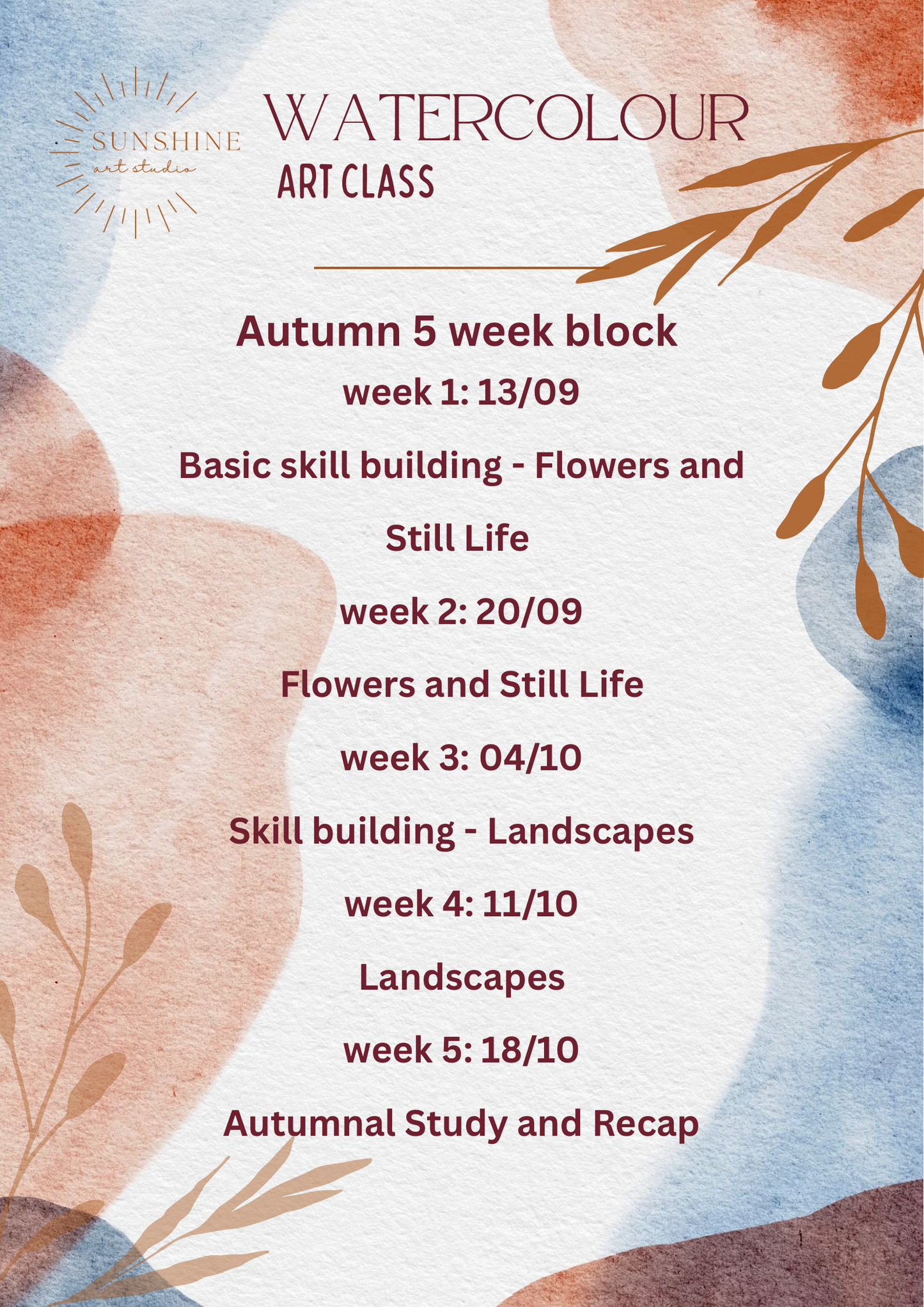 Watercolour Weekly Class - Saturday Mornings