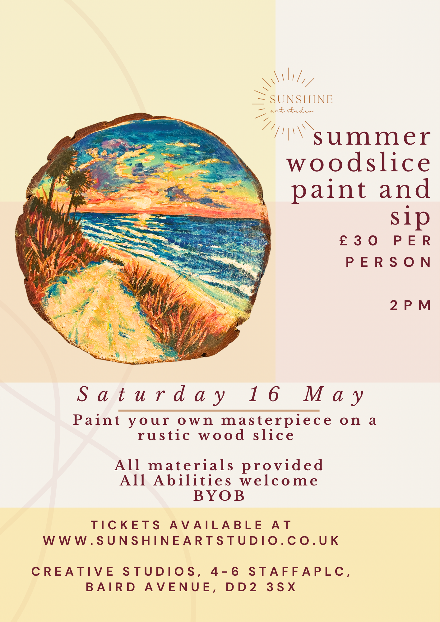 Summer Wood Slice Paint and Sip Saturday 16 May 2pm