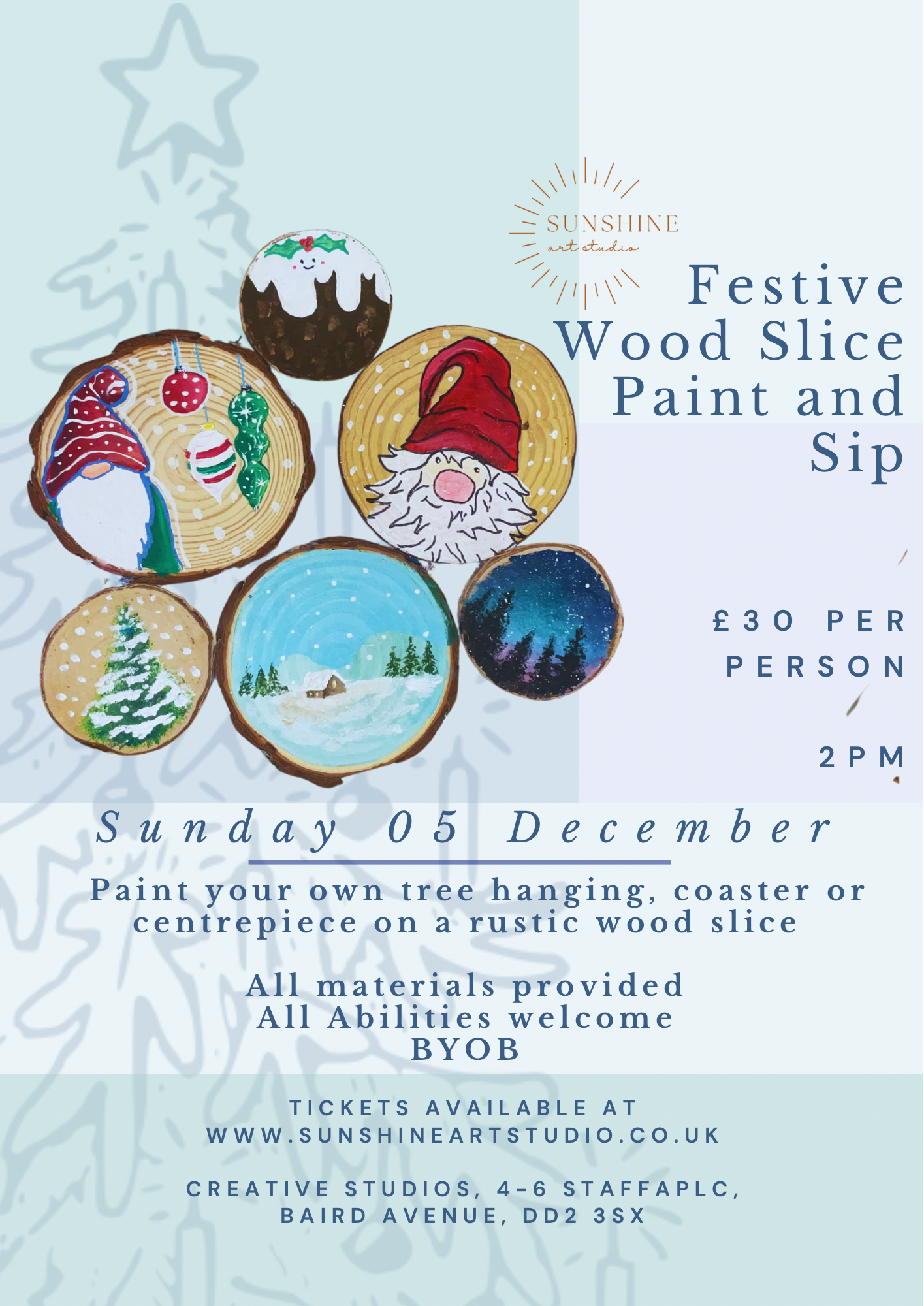 Festive Wood Slice Paint and Sip Sunday 05 December 2pm